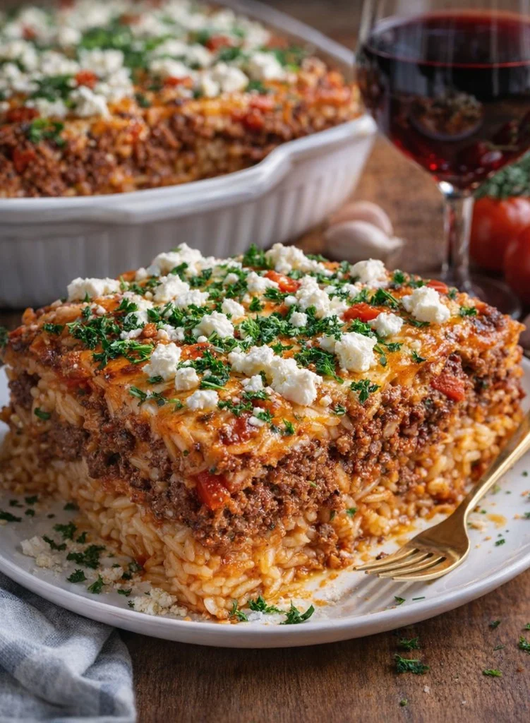 Griechischer Kritharaki-Hackauflauf mit Feta in einer Auflaufform