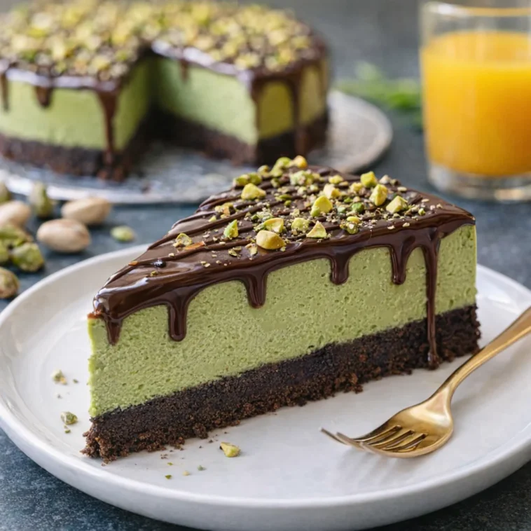 Dekadenter Pistazien-Creme-Käsekuchen mit Schokoladen-Drizzle