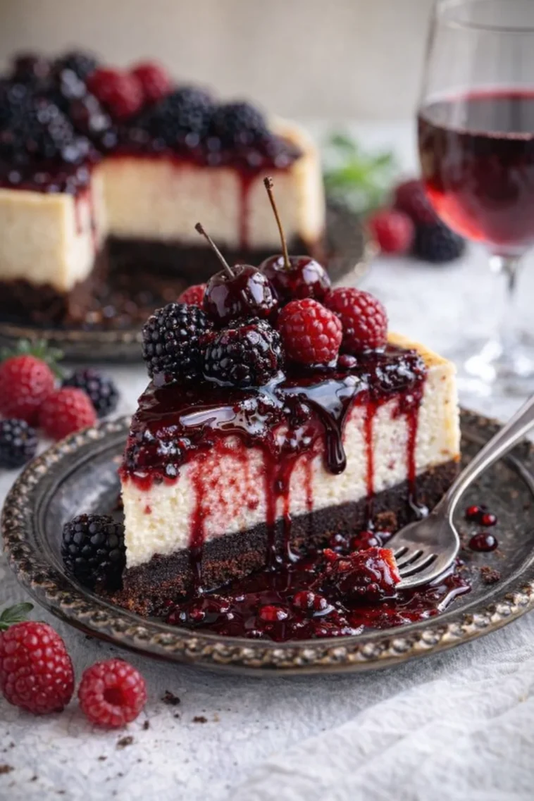 Dekadenter Schwarzwälder Käsekuchen mit Schokolade und Kirschen
