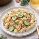 Dillgurken-Bacon-Pasta-Salat auf einem Teller garniert mit frischen Kräutern