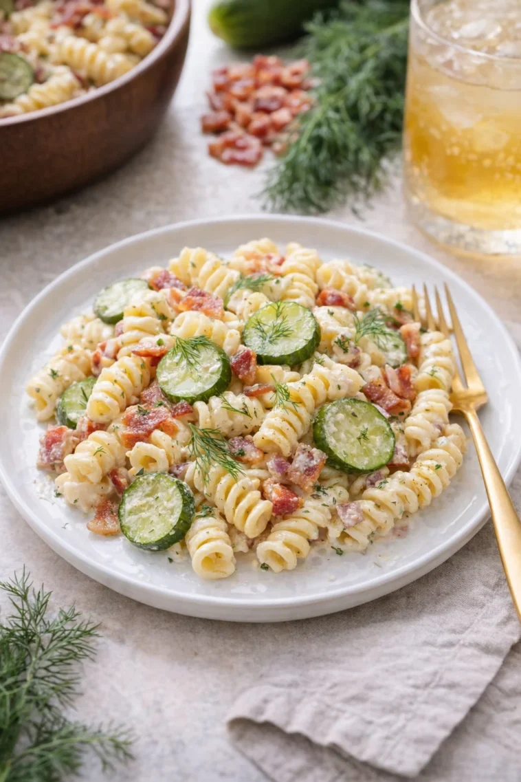 Dillgurken-Bacon-Pasta-Salat auf einem Teller garniert mit frischen Kräutern