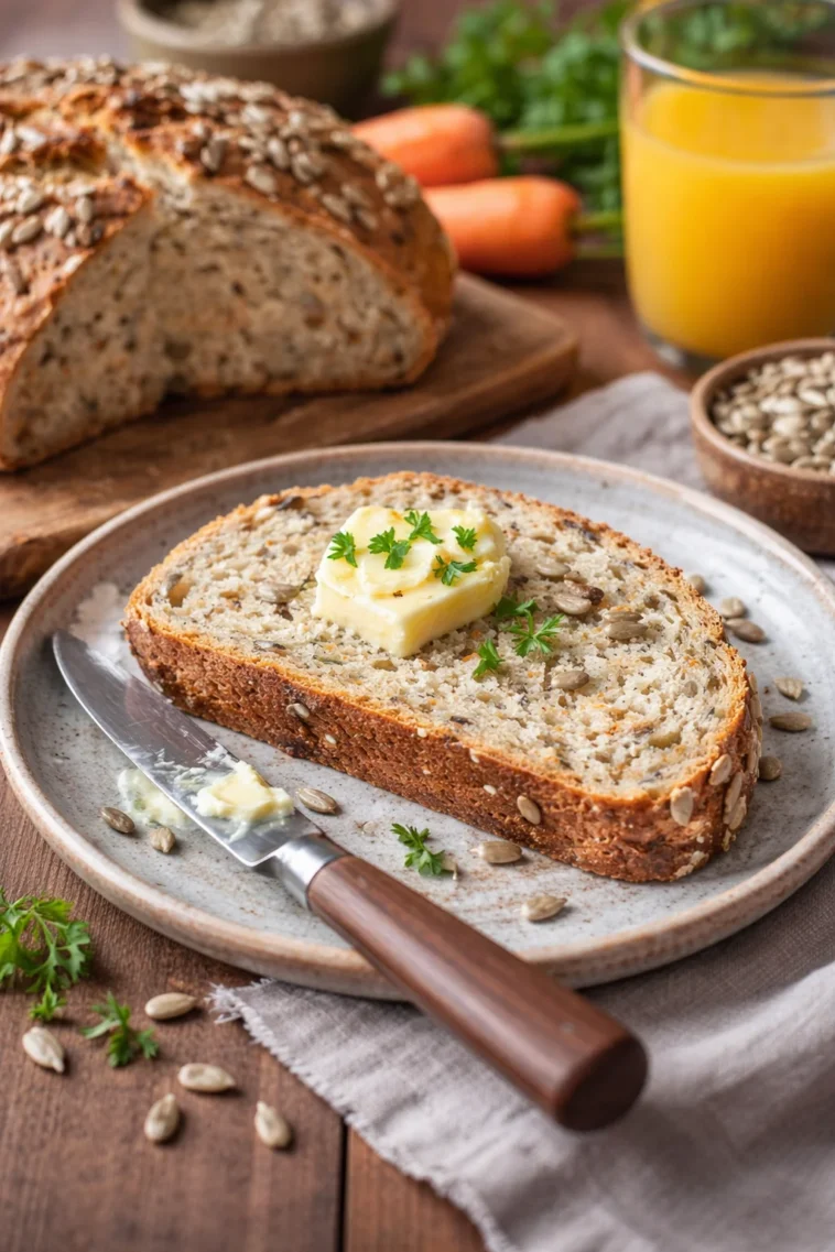 Dinkel-Joghurt-Brot mit Möhren - leckeres Rübli-Brot auf einem Holzbrett