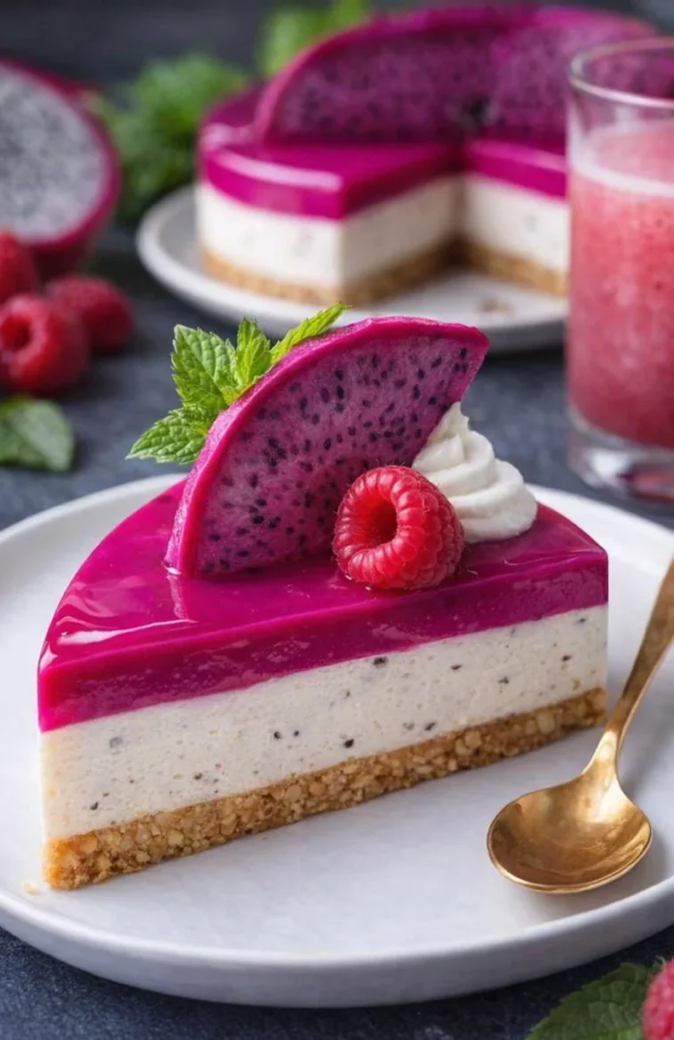 Leckerer Drachenfrucht-Käsekuchen mit einer cremigen Füllung und fruchtigem Topping