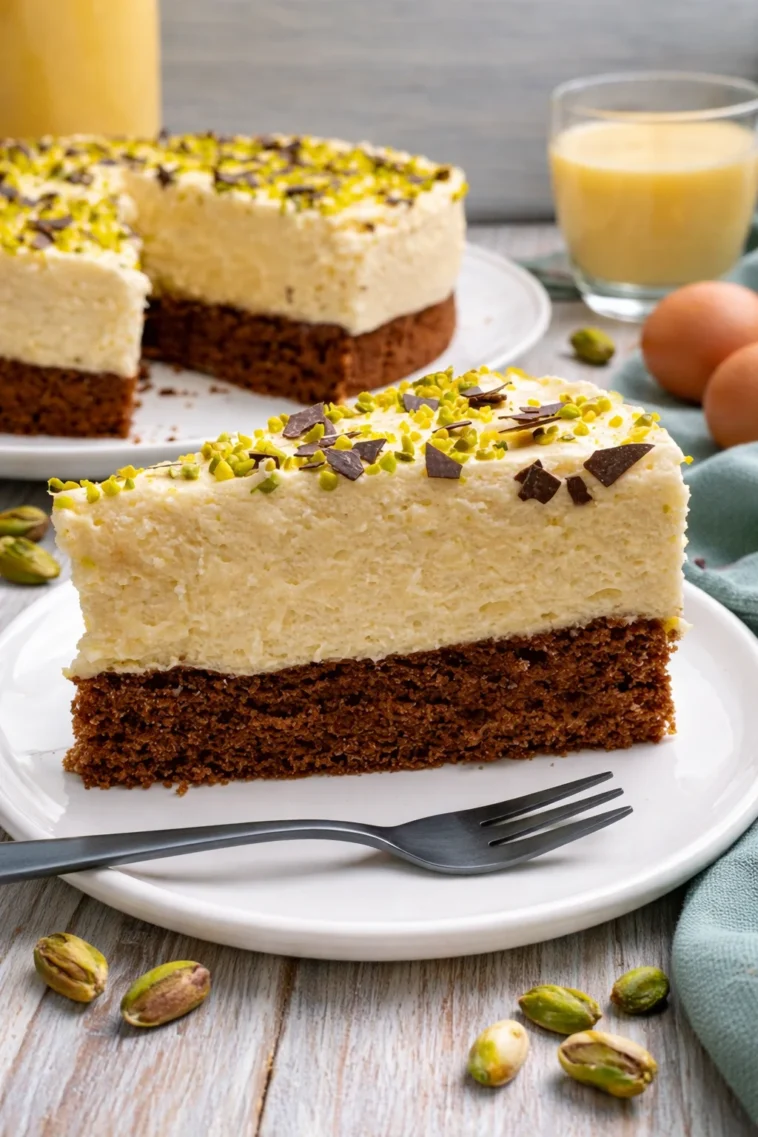 Eierlikörmousse-Torte mit Schokoladenglasur und Dekoration