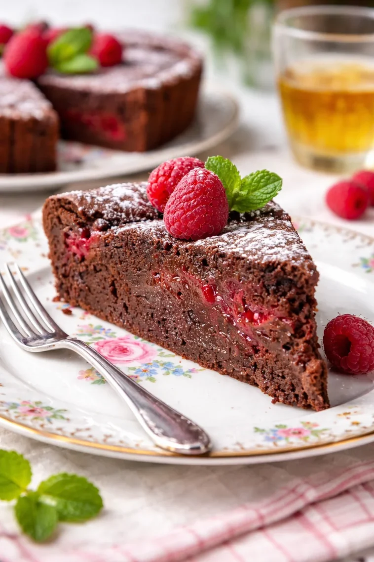 Einfache Schokoladentarte mit Himbeeren auf einem schönen Dessertteller