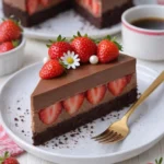 Erdbeer-Brownie-Torte mit Kaffee-Schokomousse auf einem weißen Teller.