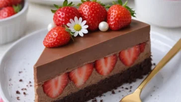 Erdbeer-Brownie-Torte mit Kaffee-Schokomousse auf einem weißen Teller.