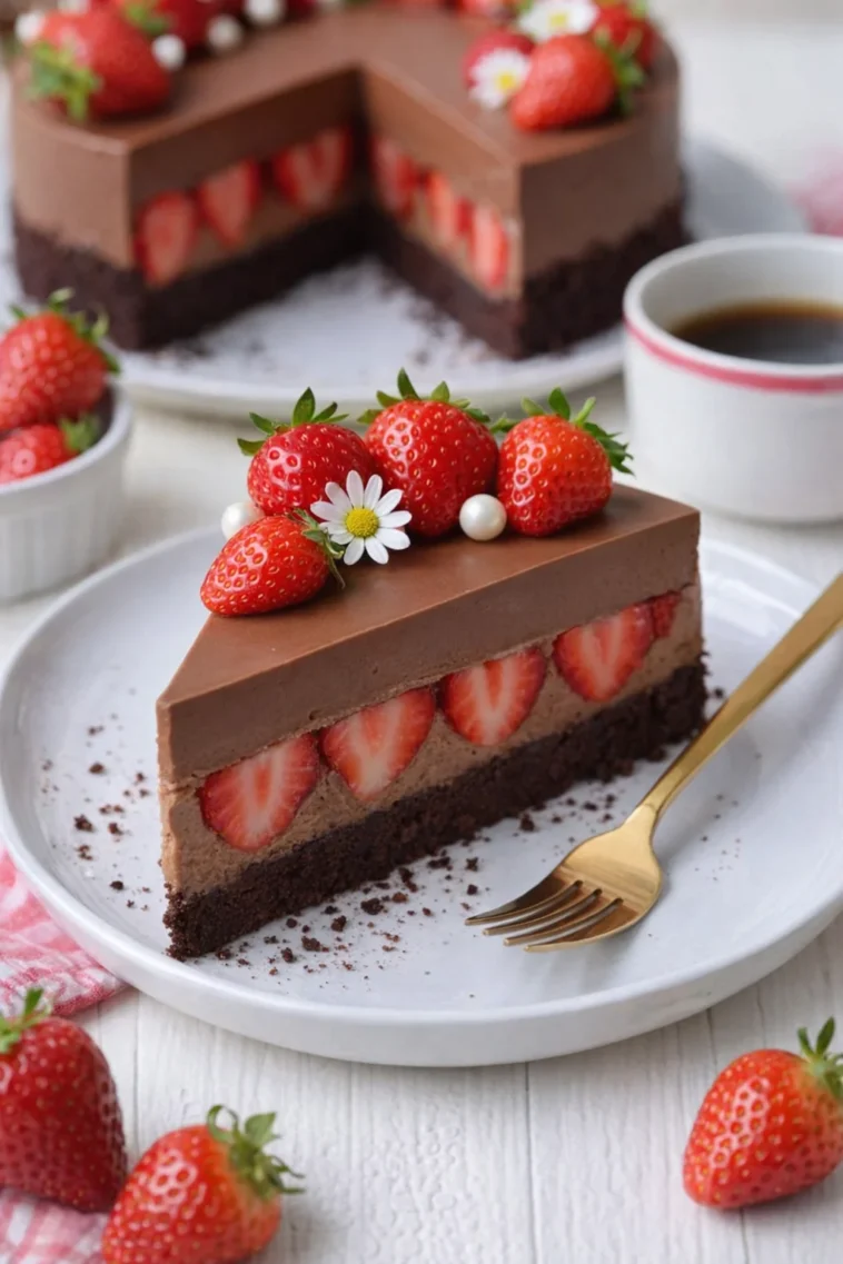 Erdbeer-Brownie-Torte mit Kaffee-Schokomousse auf einem weißen Teller.