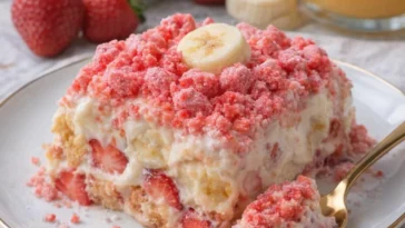 Erdbeer-Crunch-Bananenpudding mit frischen Erdbeeren und knusprigem Topping.