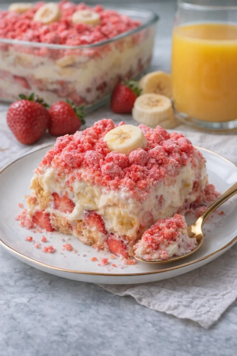 Erdbeer-Crunch-Bananenpudding mit frischen Erdbeeren und knusprigem Topping.