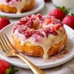 Erdbeer-Käsekuchen-Donuts frisch gebacken und dekoriert