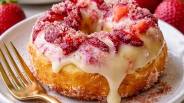 Erdbeer-Käsekuchen-Donuts frisch gebacken und dekoriert