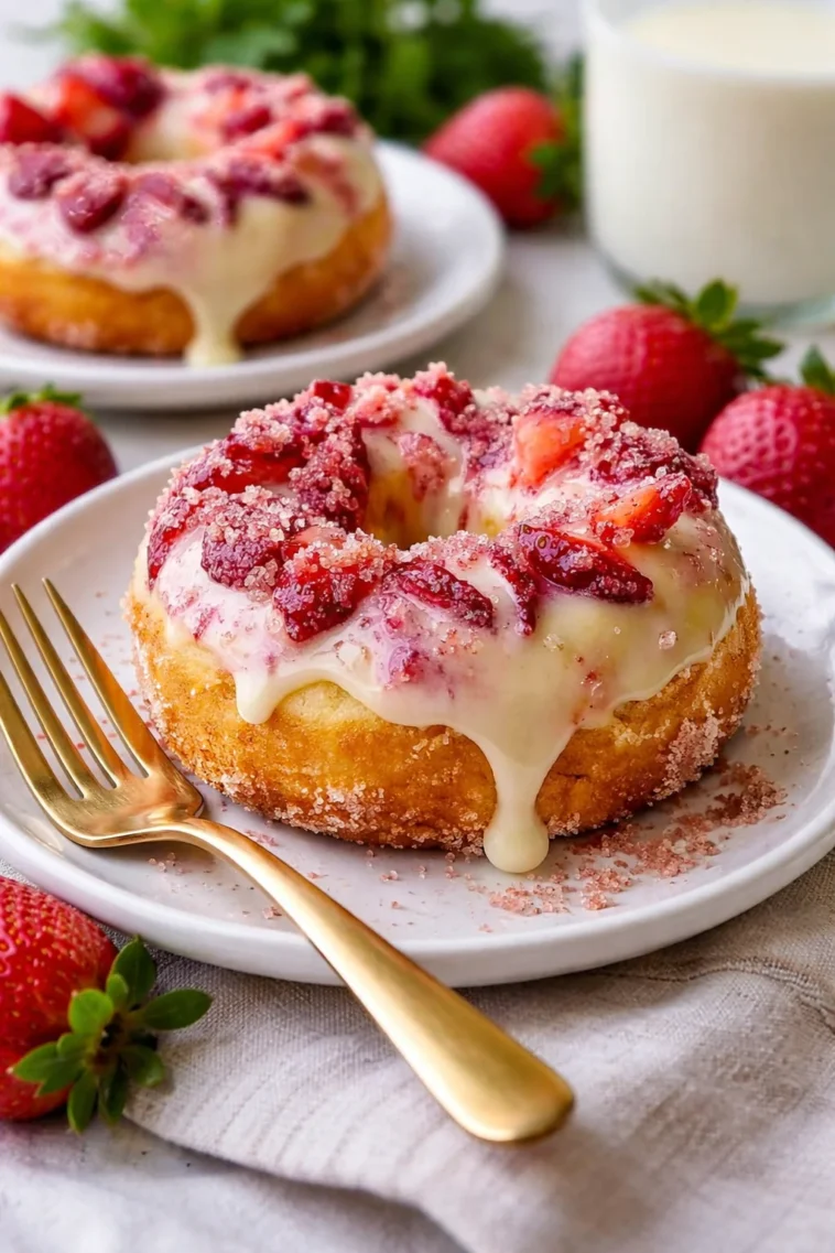 Erdbeer-Käsekuchen-Donuts frisch gebacken und dekoriert
