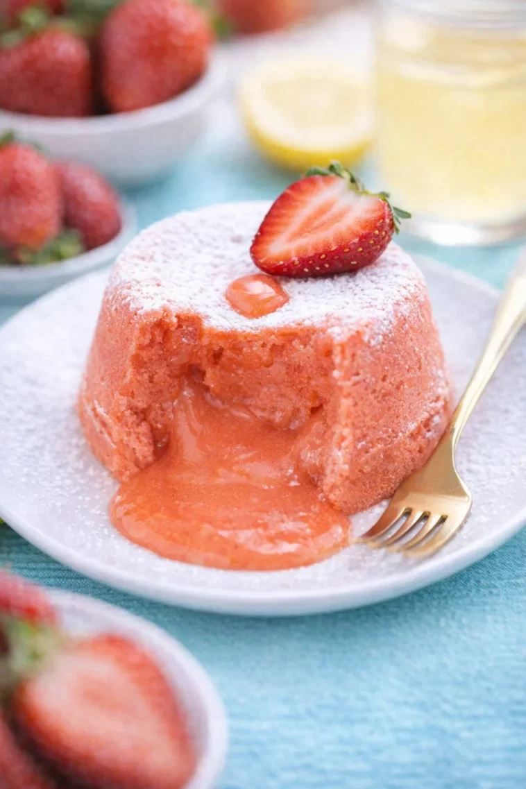 Erdbeer Lava Kuchen mit schmelzender Schokolade und frischen Erdbeeren