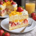 Erdbeer-Mango-Split-Kuchen auf einem Teller, dekoriert mit frischen Früchten