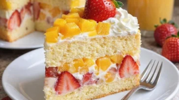 Erdbeer-Mango-Split-Kuchen auf einem Teller, dekoriert mit frischen Früchten