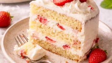 Erdbeer Mascarpone Torte mit weißer Schokolade auf einem eleganten Teller
