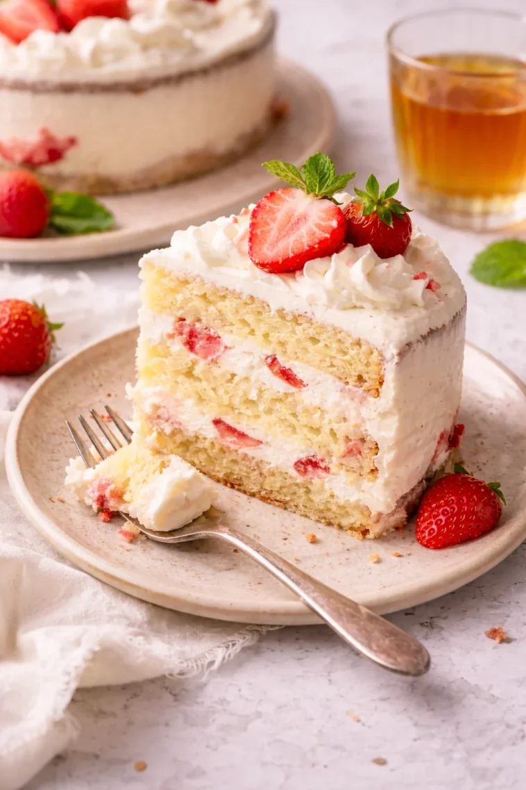 Erdbeer Mascarpone Torte mit weißer Schokolade auf einem eleganten Teller