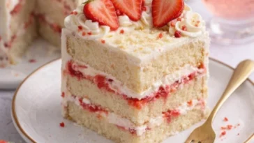Erdbeer Mascarpone Torte mit weißer Schokolade auf einem Tortenteller