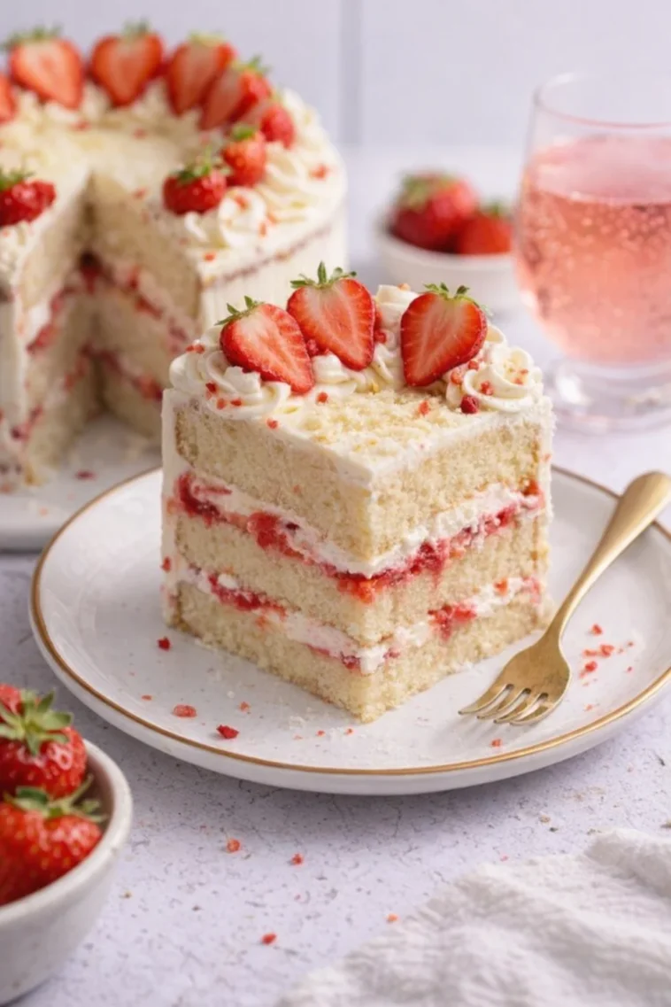Erdbeer Mascarpone Torte mit weißer Schokolade auf einem Tortenteller