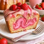 Erdbeer-Milchshake-Gugelhupf auf einem Teller, dekoriert mit frischen Erdbeeren.