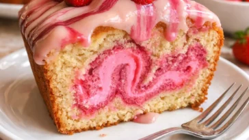 Erdbeer-Milchshake-Gugelhupf auf einem Teller, dekoriert mit frischen Erdbeeren.