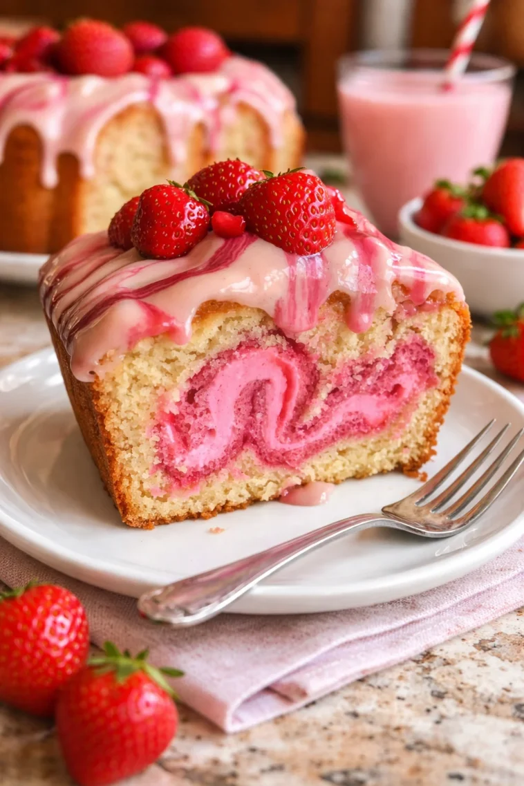 Erdbeer-Milchshake-Gugelhupf auf einem Teller, dekoriert mit frischen Erdbeeren.