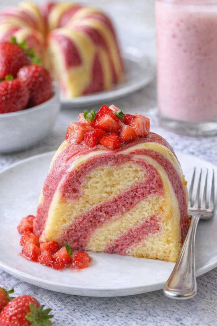 Erdbeer-Milchshake-Poundcake mit frischen Erdbeeren und Sahne