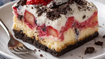 Erdbeer Oreo Käsekuchen Riegel auf einem Teller serviert