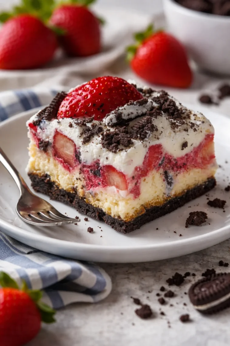 Erdbeer Oreo Käsekuchen Riegel auf einem Teller serviert