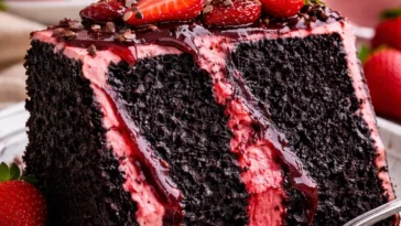 Saftiger Erdbeer-Schokoladenkuchen mit frischen Erdbeeren und Schokoladenguss