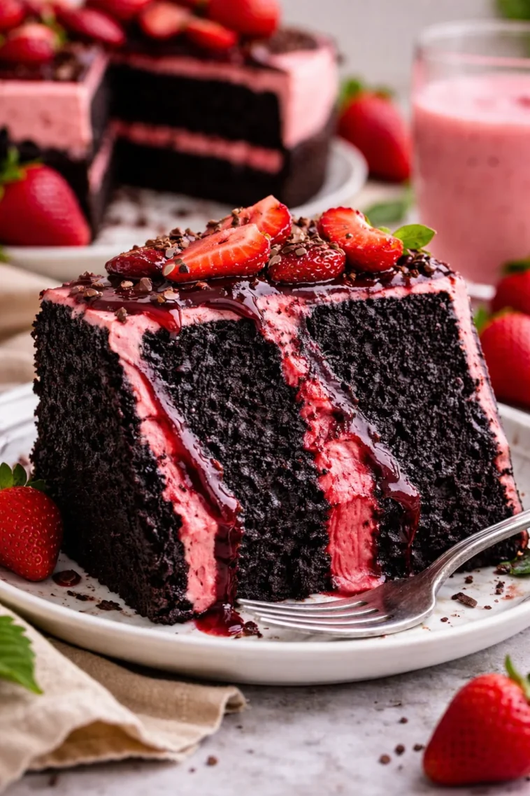 Saftiger Erdbeer-Schokoladenkuchen mit frischen Erdbeeren und Schokoladenguss