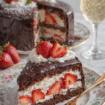 Erdbeer-Schokoladenschale-Kuchen auf einem elegant gedeckten Tisch
