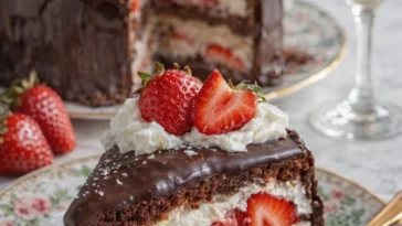 Erdbeer-Schokoladenschale-Kuchen auf einem elegant gedeckten Tisch