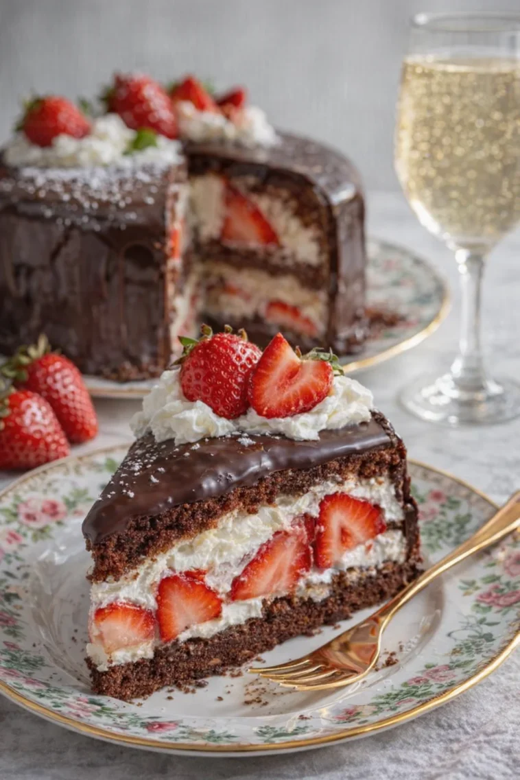 Erdbeer-Schokoladenschale-Kuchen auf einem elegant gedeckten Tisch