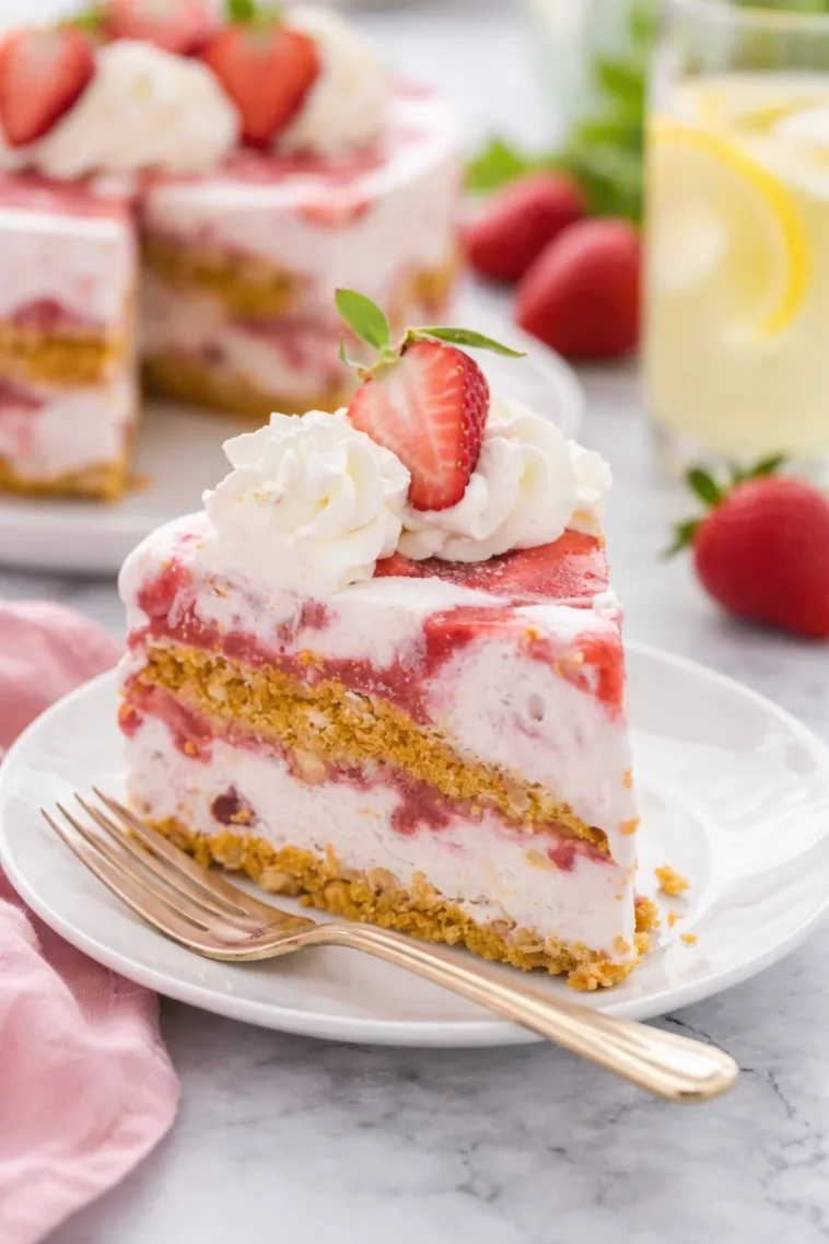 Erdbeer-Shortcake-Eiscreme-Kuchen mit frischen Erdbeeren und Sahne
