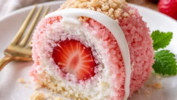 Erdbeer-Shortcake-Sushi auf einem Teller, kreative Dessert-Idee.