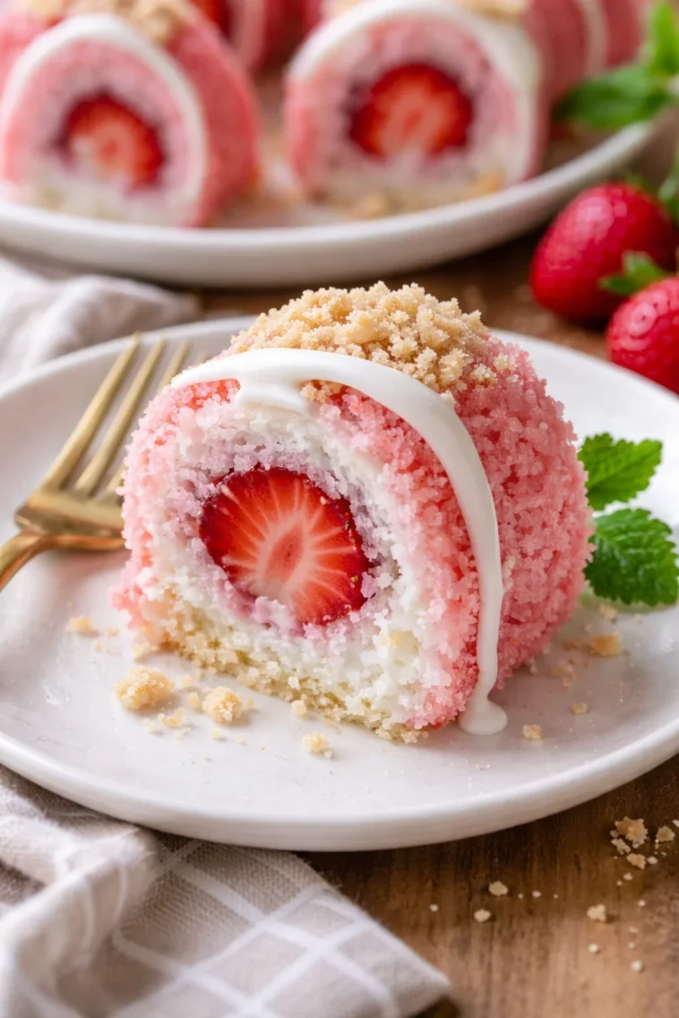 Erdbeer-Shortcake-Sushi auf einem Teller, kreative Dessert-Idee.