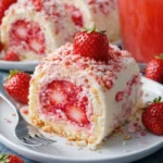 Erdbeerrolle auf einem Teller, dekoriert mit frischen Erdbeeren.