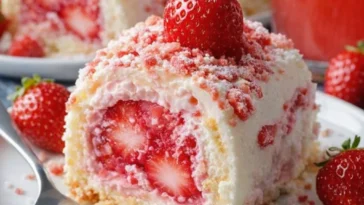 Erdbeerrolle auf einem Teller, dekoriert mit frischen Erdbeeren.