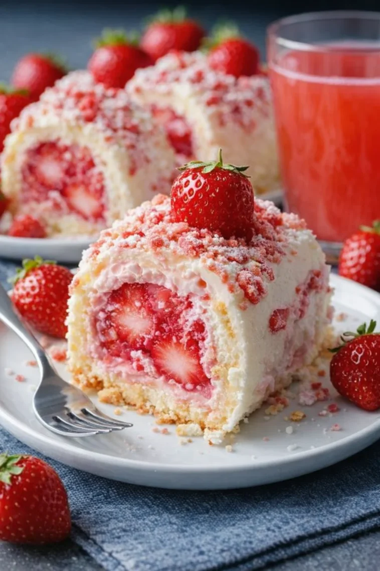 Erdbeerrolle auf einem Teller, dekoriert mit frischen Erdbeeren.