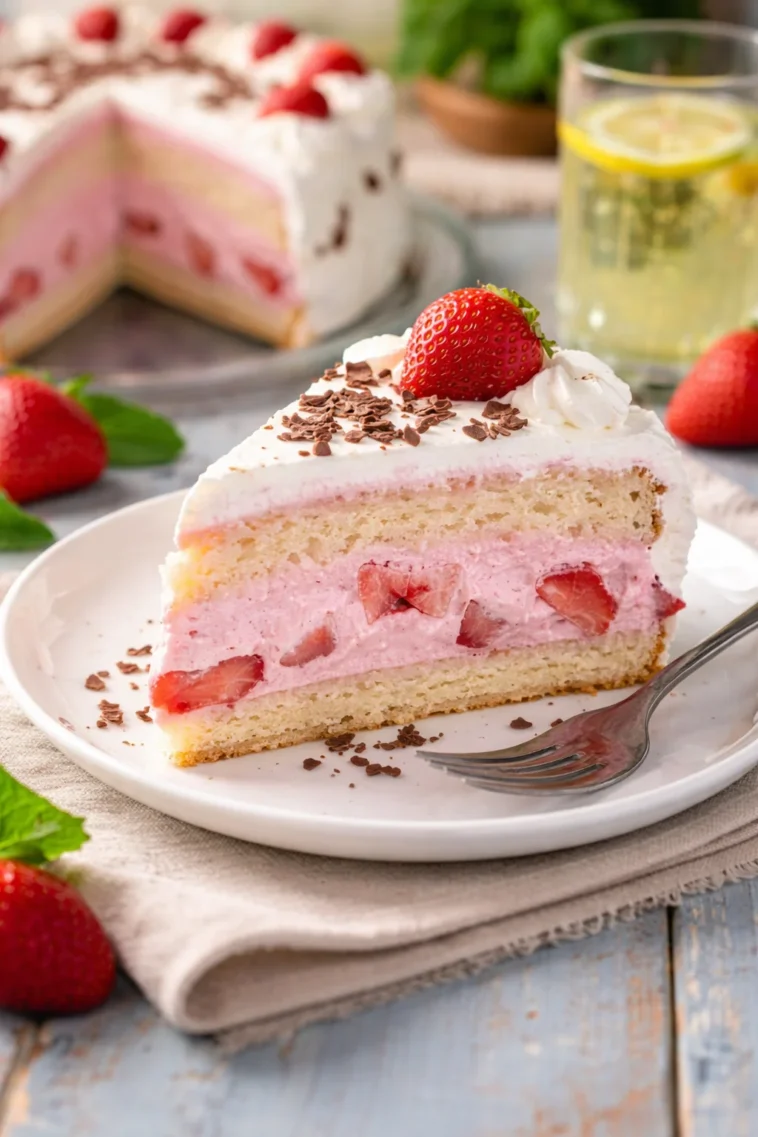 Leckere Erdbeertorte mit frischen Erdbeeren und Sahne