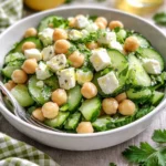 Erfrischender Gurkensalat mit Feta und Kichererbsen auf einem Teller