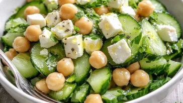 Erfrischender Gurkensalat mit Feta und Kichererbsen auf einem Teller
