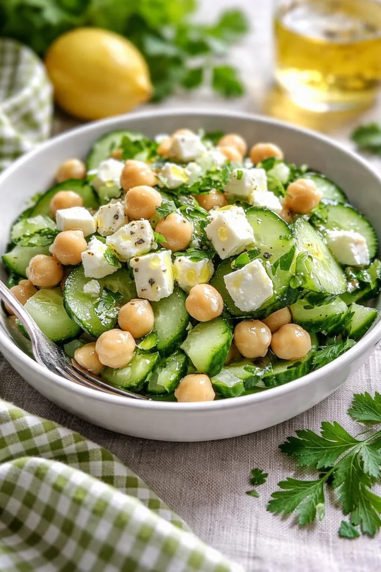 Erfrischender Gurkensalat mit Feta und Kichererbsen auf einem Teller