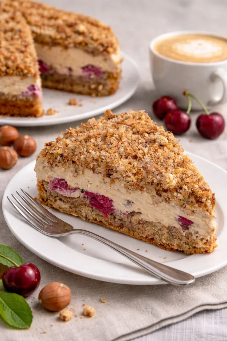 Espresso-Nuss-Torte mit saftigen Kirschen und schokoladiger Glasur