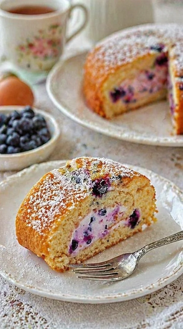 Feine Dinkelroulade mit Heidelbeercreme als köstliches Dessert
