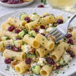 Feta-Rigatoni-Salat mit Cranberries und Zitronen-Vinaigrette auf einem Teller