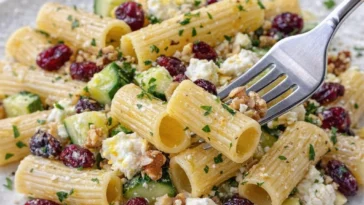 Feta-Rigatoni-Salat mit Cranberries und Zitronen-Vinaigrette auf einem Teller