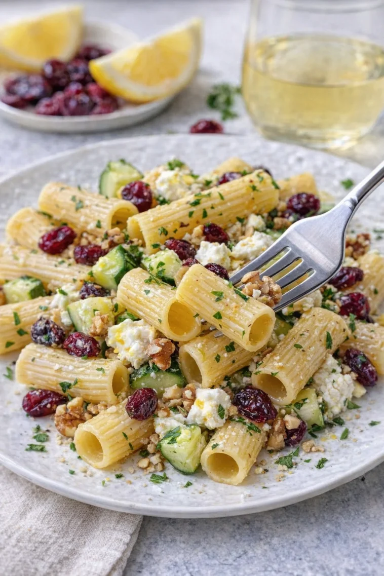 Feta-Rigatoni-Salat mit Cranberries und Zitronen-Vinaigrette auf einem Teller